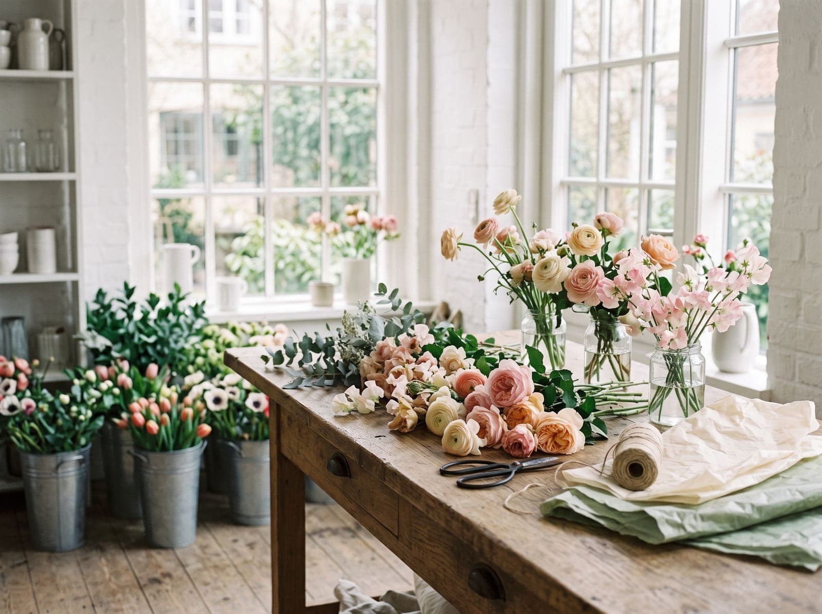 Lyst blomsteratelier med haveroser, ranunkler og ærteblomster på et arbejdsbord